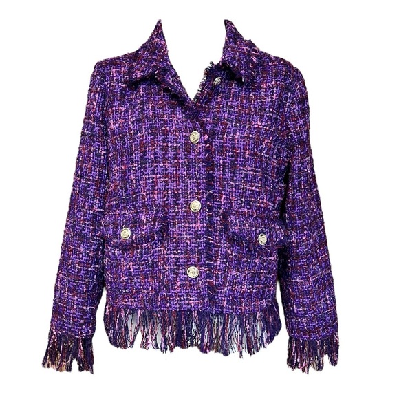 NWT Chicos 1 Medium Purple Fringe Blazer jacket Metallic Tweed Office Corpcore - Picture 3 of 13